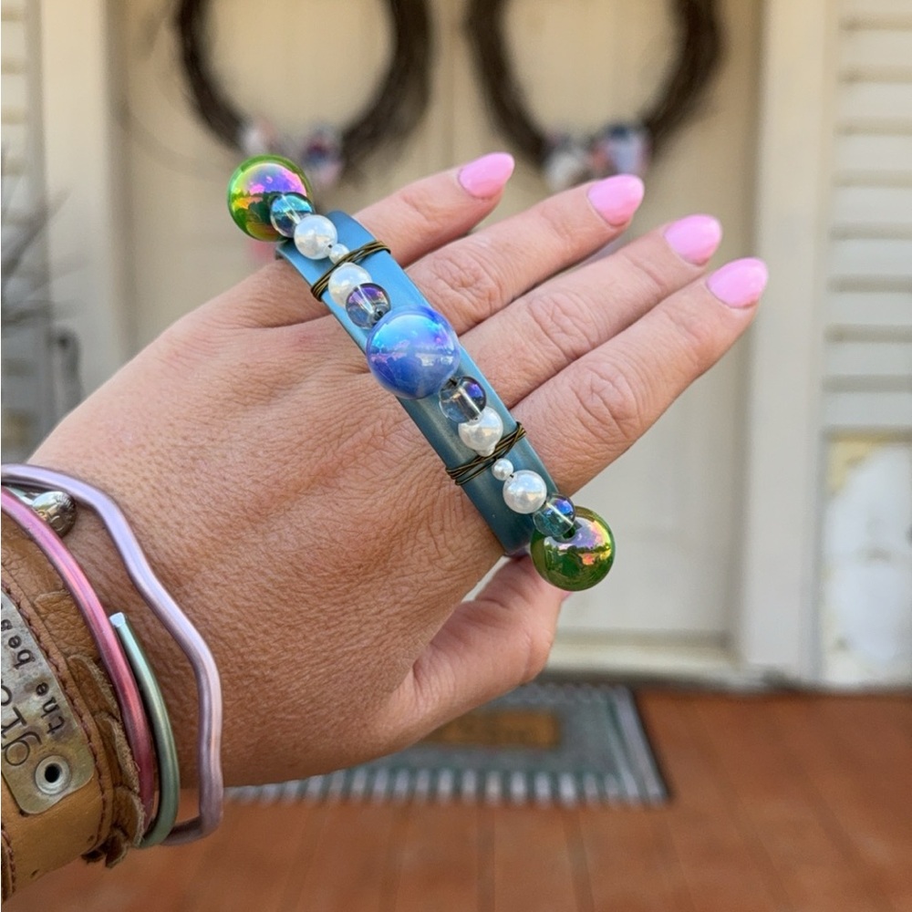 Handcrafted Blue Glass Bead Bangle Bracelet